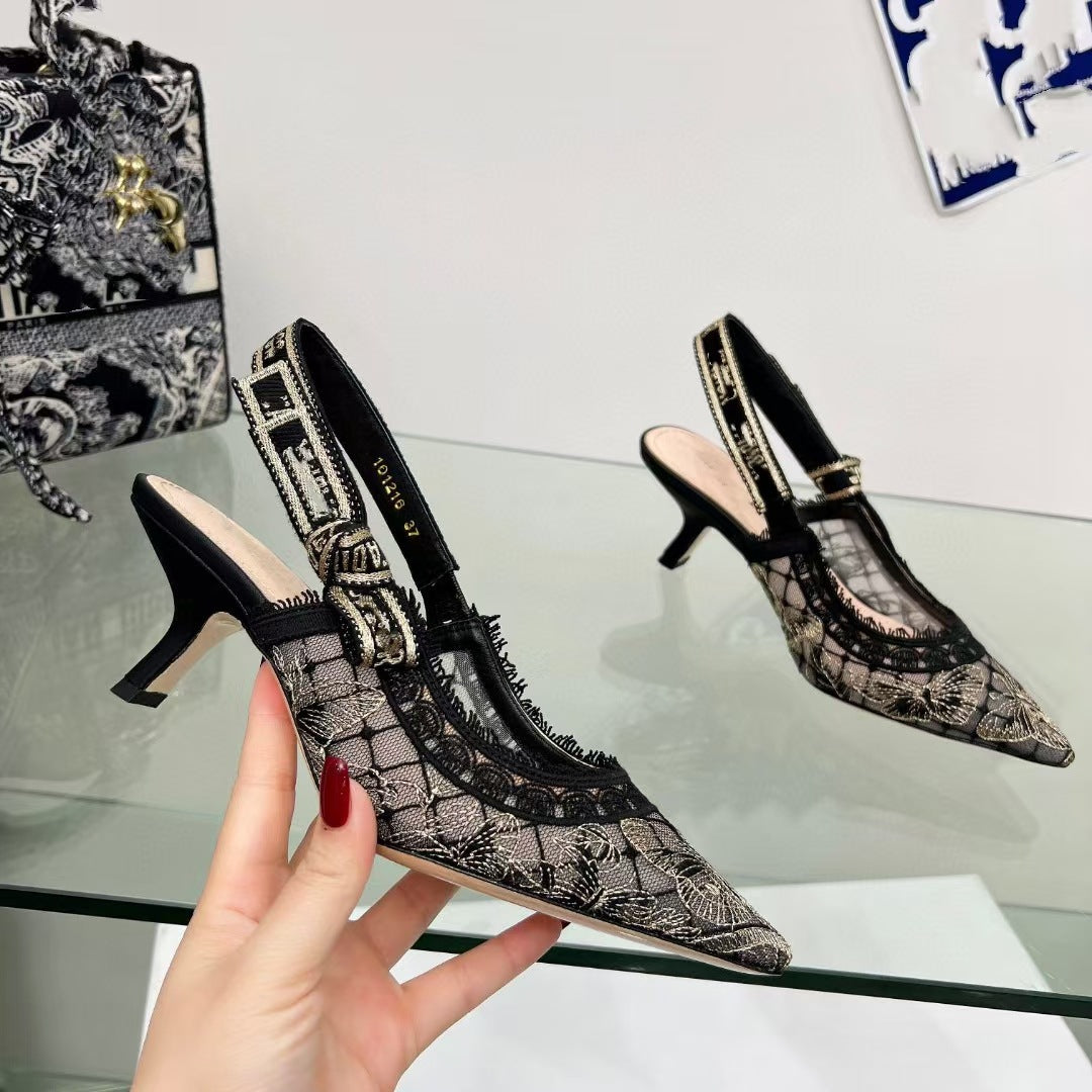 Lace Mesh Pointed Heeled and Flat Sandals