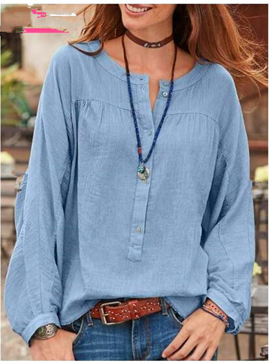 Button Solid Color Long Sleeved Casual Fashion Blouse