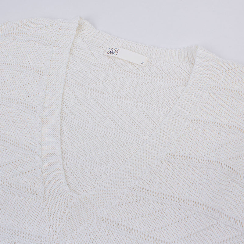 Retro White V-neck Thin Knitted Vest Women Ins Summer