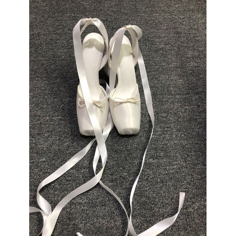 Square Toe Ankle Strap Satin Bow Heels