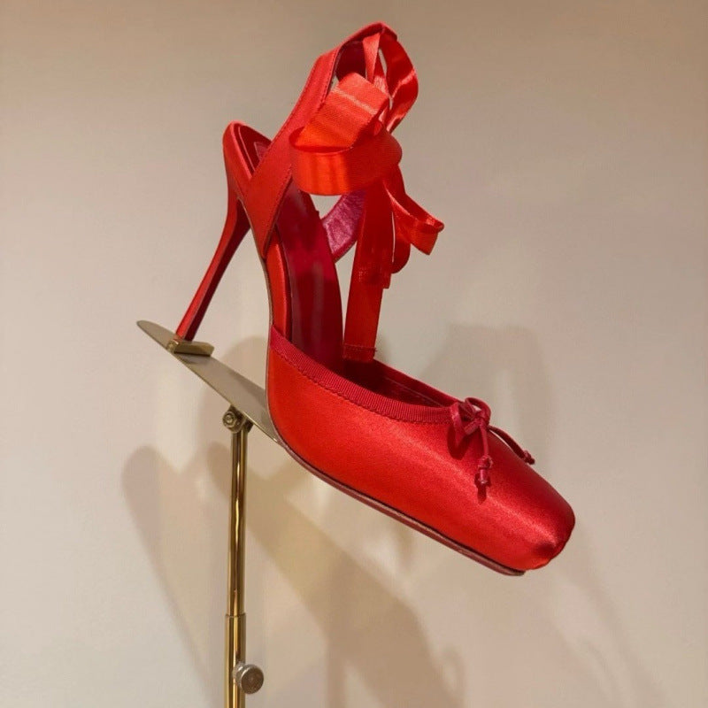 Square Toe Ankle Strap Satin Bow Heels