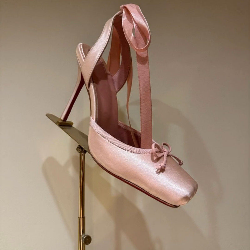 Square Toe Ankle Strap Satin Bow Heels