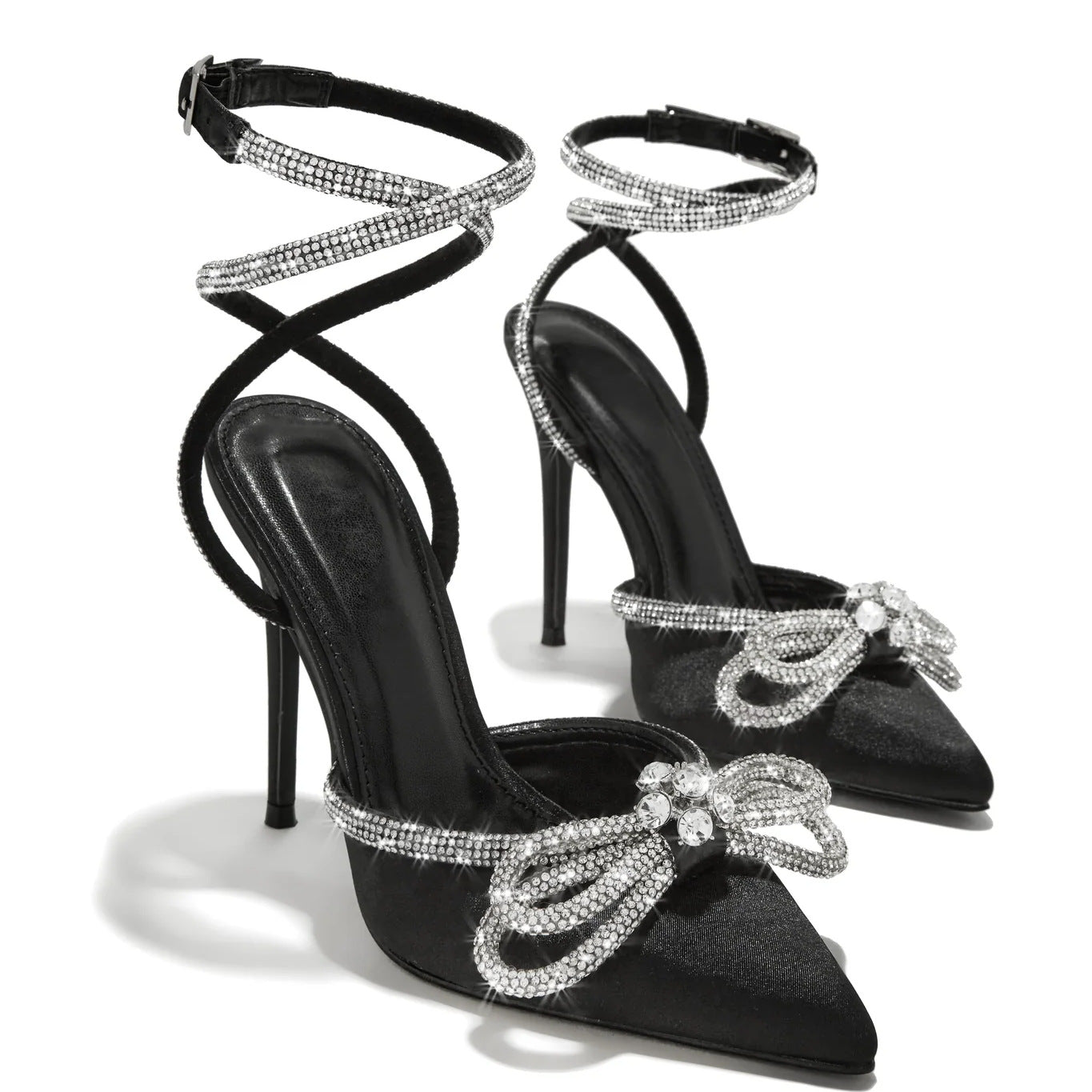 Pointed Rhinestone Bow Strap High Heel Sandals