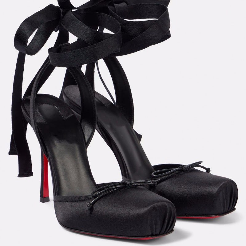 Square Toe Ankle Strap Satin Bow Heels