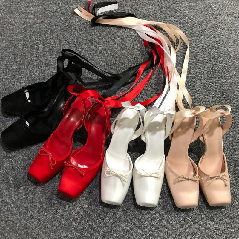 Square Toe Ankle Strap Satin Bow Heels